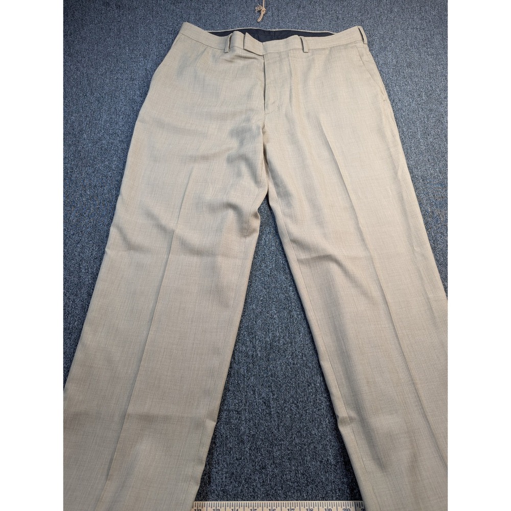 Perry Ellis Portfolio Mens 36x32 Tan Beige Micro Check Dress Pants Flat Front